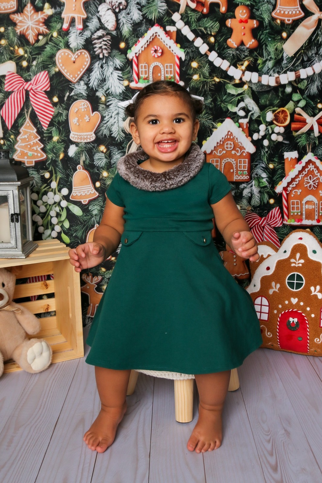 Holiday portrait of a child in a green dress